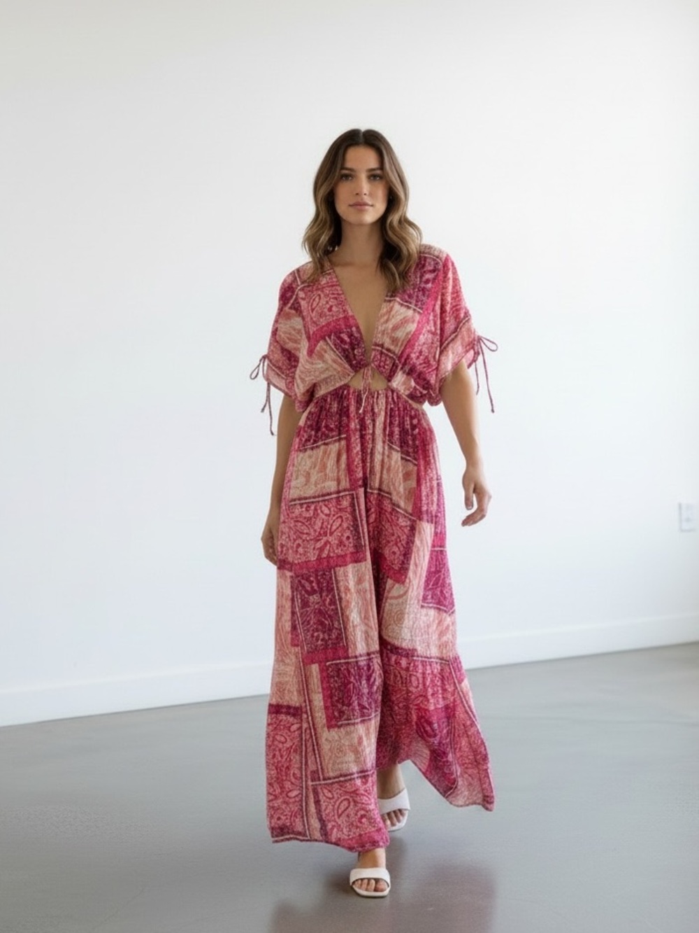 NEW~ Zara Pink Patchwork V-Neck Maxi Dress  size Medium - Picture 16 of 16